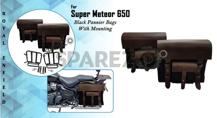 Royal Enfield Super Meteor 650 Black Canvas Leather Pannier Bags and Mounting - SPAREZO